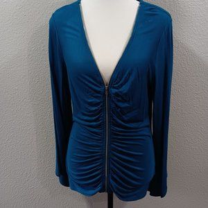 NWOT Venus Rayon Turquoise  Long Sleeve Zip-up Shirt with Ruching US M